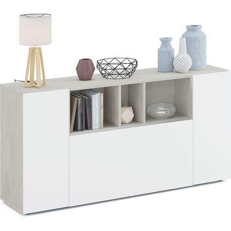 Pegane – Buffet meuble de rangement 3 portes béton blanc artic – Longueur 150 cm – Hauteur 76 cm – Profondeur 41 cm – Panneau aggloméré haute densité (1/4)