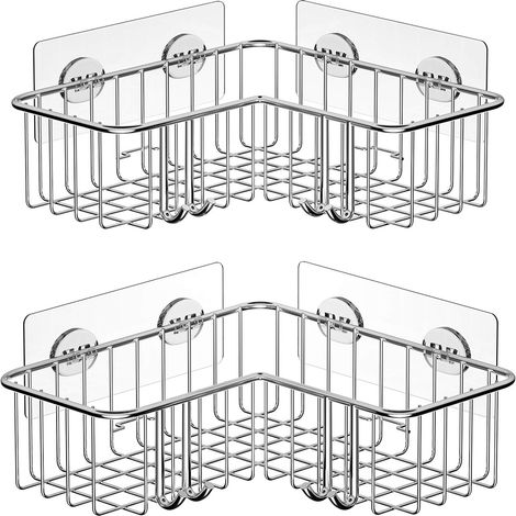 2-Pack Corner Shower Caddy, Adhesive Bath Shelf with Hooks, SUS304 Stainless Steel Storage Organizer for Bathroom, Toilet, Kitchen and Dorm, Only for 90 Degrees Right Angle, Silver