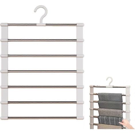 Cintre gain de place acier inoxydable 6 niveaux avec crochet, organisateur placard pour pantalons jeans, 1 cintre de voyage portable (1/5)
