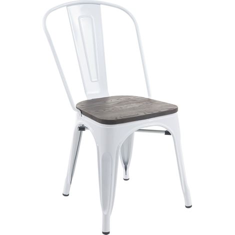 Stuhl HHG-893 inkl. Holz-Sitzfläche, Bistrostuhl Stapelstuhl, Metall Industriedesign stapelbar weiß