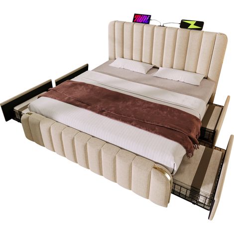 CAIziLit double rembourré avec tête de lit rembourrée, bandes décoratives dorées, fonction de charge USB Type-C, 140200 cm, lin beige, 4 tiroirs, capacité de charge 181 kg (sans matelas) (1/5)
