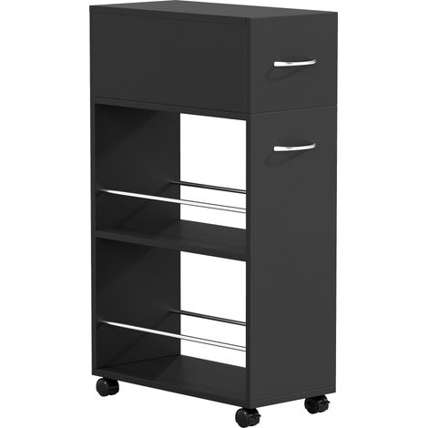 Carrello da Cucina 25x50x85 cm 2 Ripiani Aperti Cassetto e Parapetti in Legno e Acciaio Inox Nero (1/5)