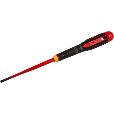 Bahco ERGO Isolierter Schraubendreher für Schlitzschrauben mit 3-Komponenten-Griff, VDE-zertifiziert, Slim-Klinge 0.8 mm x 12 mm x 200 mm (1/4)