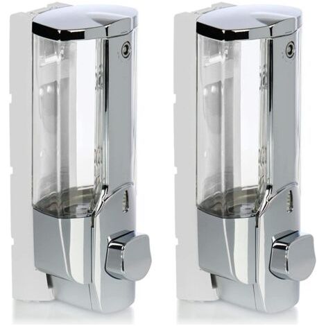 Distributeur de savon mural 2x – Rechargeable 380ml – Installation facile avec vis et chevilles – Pour gel douche et lotions (chromé)
