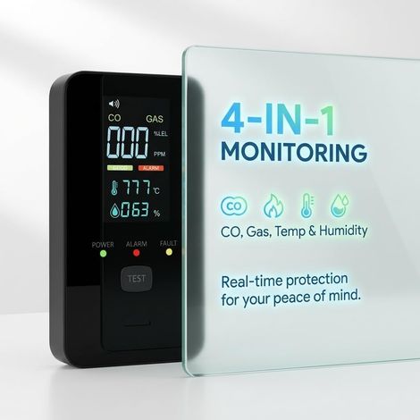 Détecteur CO et Gaz 4 en 1 – Alarme Monoxyde de Carbone avec Écran Numérique, Détecteur Portable pour Maison, Salon, Chambre, Sous-sol (Noir) (1/5)