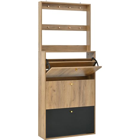 Zapatero moderno con ganchos, 3 compartimentos abatibles, madera natural y negro, 75 x 24 x 180 cm (1/5)