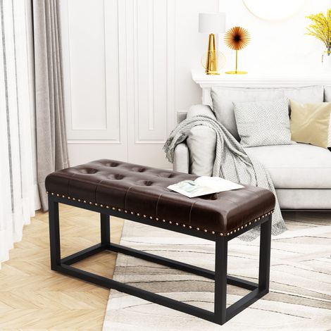 Banc vintage 36 pouces en simili cuir tufté,ossature métallique solide. Convient pour entrée,chambre,salon et pied de lit,couleur noire classique.