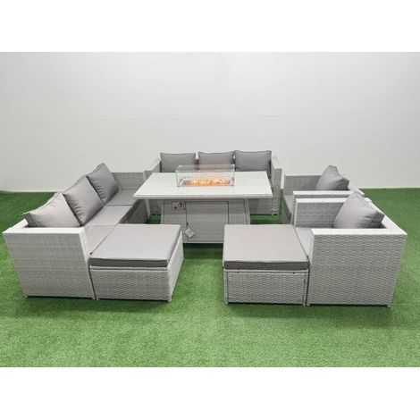 Fimous 10 Seat PE Rattan Lounge Sofa Set Outdoor Garden Furniture Set with Firepit Dining Table 3 Seater Sofa 2 Big Footstool Light Grey (1/5)