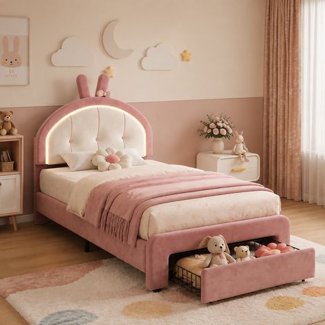 Cama infantil 90x200 cm, cama individual con diseño de conejo, LED RGB y cajón de almacenaje, estructura de cama tapizada en terciopelo con altura regulable, Rosa y Blanco (1/5)
