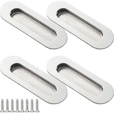 Poignées de porte coulissante ovales encastrées (lot de 4), en acier inoxydable, avec vis, pour portes coulissantes de placards, couleur argent. (1/5)