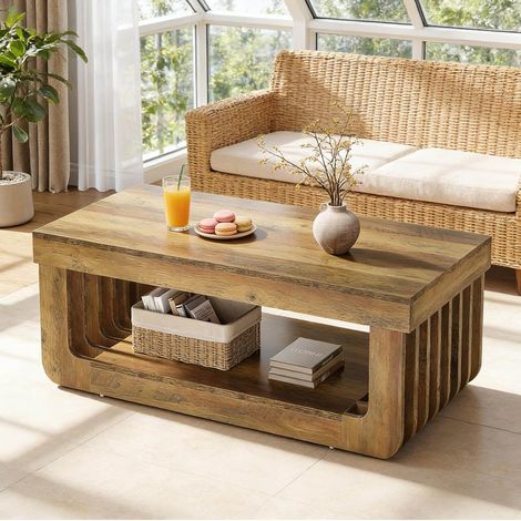 Table basse 2 niveaux avec étagère ouverte, en MDF marron, 120x60x45 cm (1/5)