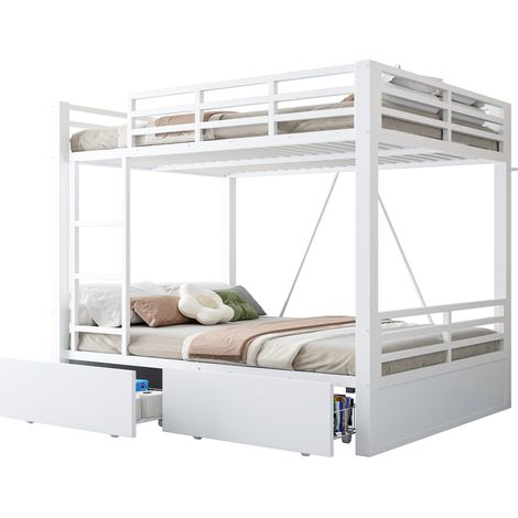 Metall Etagenbett 140x200 cm mit Schubladen und Stauraum, platzsparendes Kinderbett und Doppelstockbett mit Leiter und Sicherheitsgeländer, Weiß (1/5)