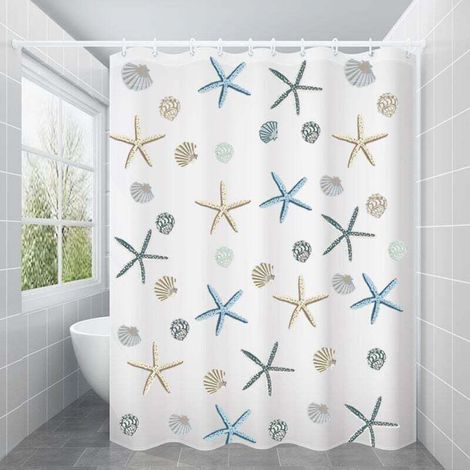 Rideau de douche 180x180 cm, rideau de douche en Peva imperméable et anti-moisissure, avec 12 anneaux de rideau, motif étoile de mer (1/4)