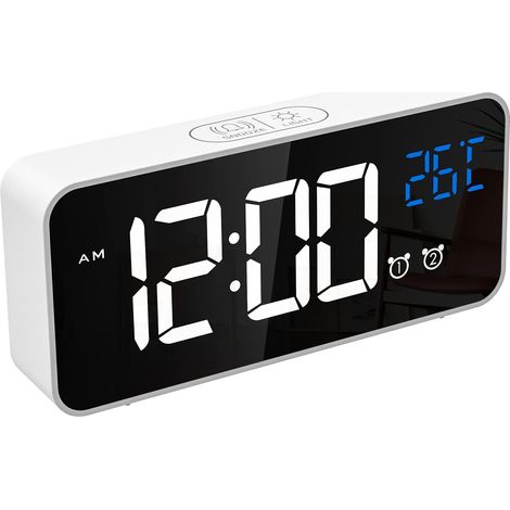 Réveil Numérique, Horloge Numérique LED Horloge Digitale Réveil avec Température/Snooze/ 2 Alarme/12/24 Heures/Port de Recharge USB/16 musiques (Blanc Pur)