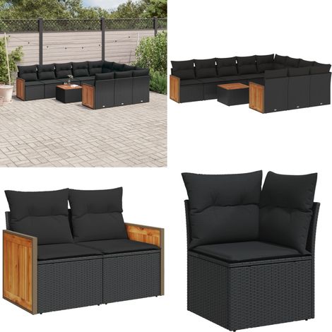 Salon de jardin 11 pcs avec coussins noir résine tressée - Ensemble Salon De Jardin - Meuble Extérieur - Salon De Jardin Pliable - Mobilier De Jardin - Chaise Longue - Home & Living (1/5)