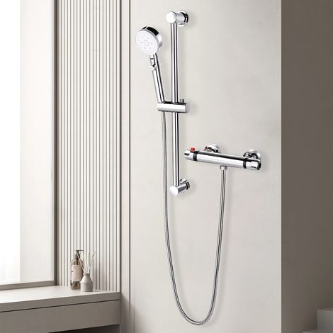 Colonna doccia termostatica con miscelatore rotondo e blocco di sicurezza stile moderno - Set doccia cromato in acciaio inox regolabile, soffione effetto pioggia, doccetta e tubi conformi agli standar