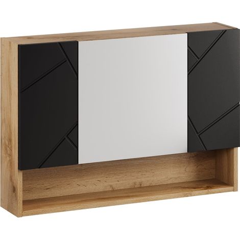 Mobile da bagno con specchio Manello 80 x 17 x 60 cm – Rovere con finitura nero opaco – Mobile da bagno con 3 ante a specchio