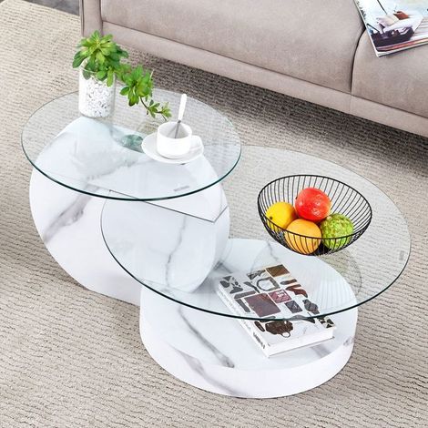 Table basse - SOGEU - Design minimaliste à deux niveaux - Plateau verre sécurité effet marbre blanc - Structure MDF - 90x70x44 cm (1/5)