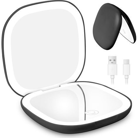 Rechargable Miroir de Voyage Grossissant, 10X/1X Miroir Maquillage Grossissant Lumineux, Miroir de Maquillage, avec 3 Couleurs Eclairage, Double Face, pour un Maquillage Précis, Noir