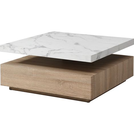 Vente-Unique – Table basse pivotante 80x80 cm avec 1 tiroir en MDF – Effet marbre blanc et naturel – Charge maximale 50 kg – Montage facile (1/5)