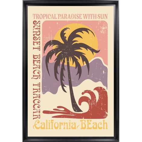 Tableau mural encadré California Beach rétro 40x60 cm - Tableau Mural Décoratif - Image Encadrée Imprimée en HD - Impression 40x60 cm sur Fibres de Bois FSC - Finition Mate - Fabriqué en France (1/5)