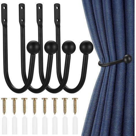 Lot de 4 embrasses murales métalliques noires - Crochets pour fixation rideaux suspendus ou fixes - Idéal décoration intérieure (1/5)