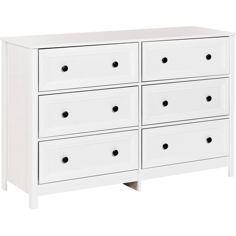 Cómoda 6 cajones elegante madera de ingeniería tiradores negros patas de madera maciza sala de estar blanco Hazelvale