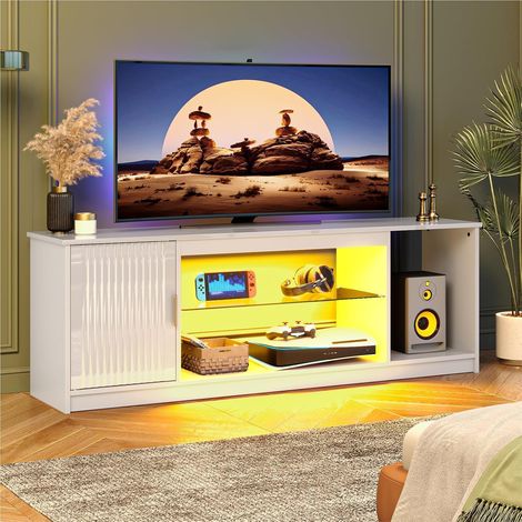 Meuble TV pour téléviseur 65 Pouces,Centre multimédia Gaming avec Support cannelé Brillant pour Console TV,étagères en Verre réglables, Blanc éclatant (1/5)