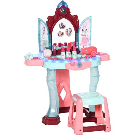 Coiffeuse multicolore avec tabouret, miroir, lumière et musique 57x34x76 cm, dès 3 ans, jouet d'imitation design ludique pour enfant pratique et créatif