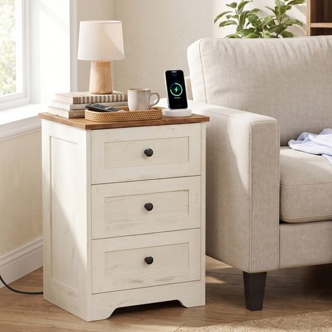 Table de Chevet avec Station de Charge, 3 Tiroirs, Style Campagne, 40 x 30 x 59 cm, Blanc et Taupe (1/5)