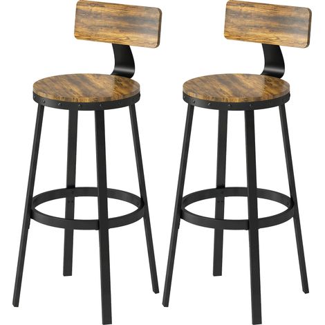 Lot de 2 tabourets de bar rustiques avec repose-pieds, bois et métal, 37 x 47 x 96 cm, marron