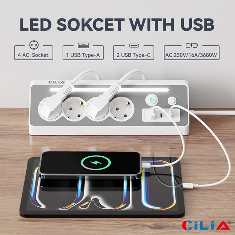Multiprise CILIA coudée à 90°avec 4 prises Schuko,2 prises USB-C et 1 port USB,protection contre les surtensions,témoin LED,interrupteur marche/arrêt,3680 W 16 A,cordon de 1.5m,idéale pour la cuisine