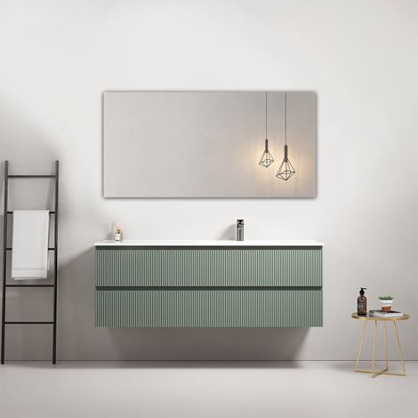 Mobile bagno sospeso cannettato 140 cm Verde Salvia Lavabo a Destra in Resina Specchio Quadro - Fiji Paint (1/4)
