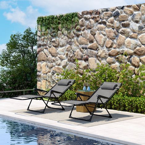 Outsunny Lot de 2 Bains de Soleil Chaise Longue Pliante Inclinable - Appuie-Tête en Textilène, 90x65x112cm, Gris