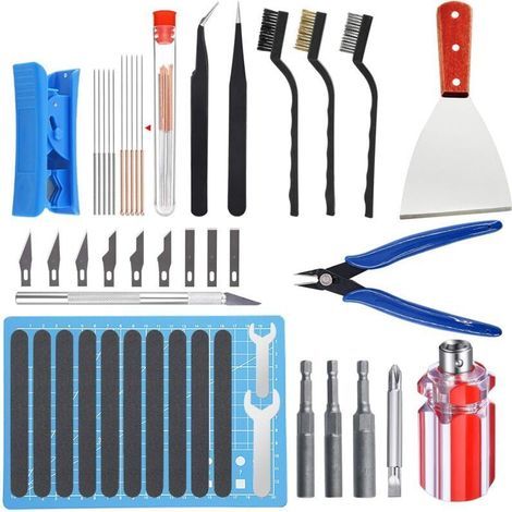 36 PCS Kit Outils Imprimante 3D, 3 en 1 avec Buse, Aiguilles, Pinces, Grattoir et Tapis de Coupe (1/4)
