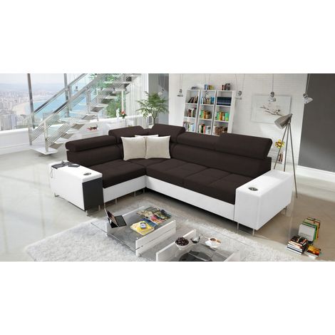 Elegantes Ecksofa mit Konsole und Ladegerät MORENA II Kunstleder/Sawana Weiß/Dunkelbraun Links (1/5)