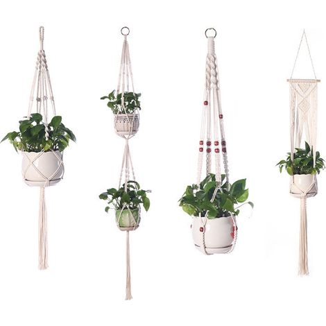 Lot de 4 suspensions pour plantes en corde de coton – Support de pot de fleurs style bohème macramé – Cache-pot suspendu tressé pour intérieur et extérieur, balcon, plafond et mur (1/5)