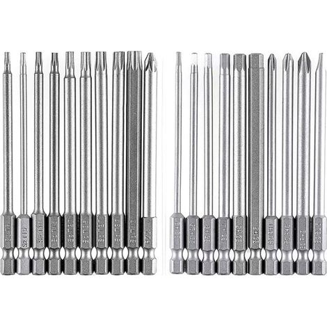 Jeu d'embouts longs, magnétiques, 20 pièces, 100 mm, Torx T8-T40, Hex H2-H6, PH1 PH2, PZ2, embout fendu, hexagone 1/4 po (1/4)