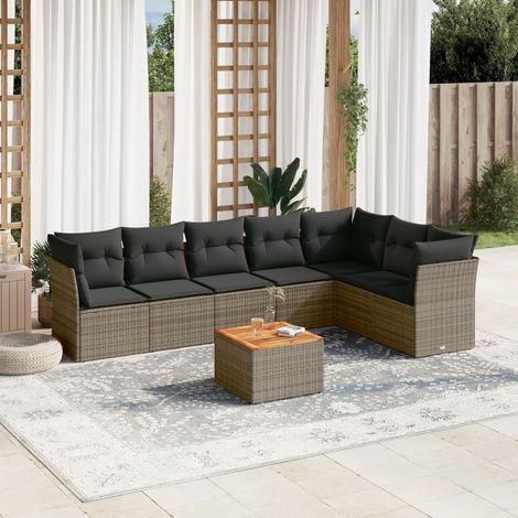Salon de Jardin Gris Résine Tressée 8 Pièces avec Coussins Détachables - Ensemble Canapé d'Angle et Table en Acacia 7 Places (1/3)