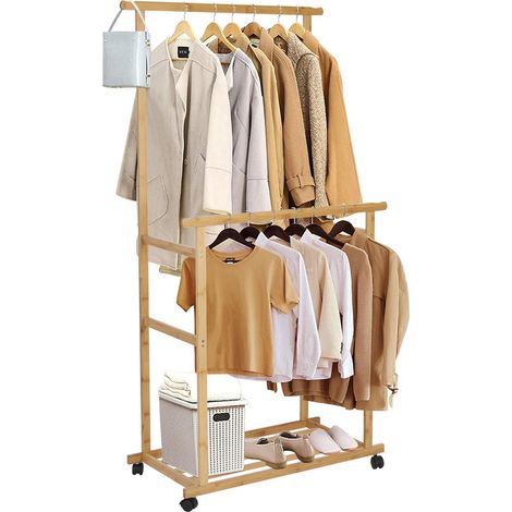 Unho – Portant à vêtements en bambou sur roulettes – Capacité 35kg – Dimensions 160x80x40cm – Rangement facile pour dressing et chambre