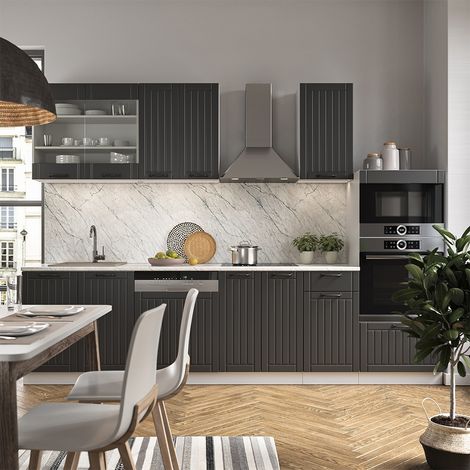 Küchenzeile Fame-Line, Anthrazit Landhaus/Weiß, 300 cm mit Hochschrank, AP Anthrazit, Vicco