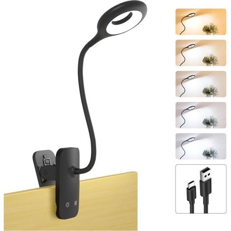 Rechargeable clip-on reading lamp, battery powered, suitable for children's desks and metal bed frames (black). (1/5)