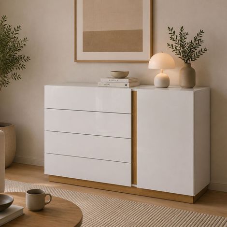 Credenza Halana, Aparador 4 Cajones, un Estante, Puerta Batiente, Deslizante, 138x40x91h cm Blanco Brillante (1/3)