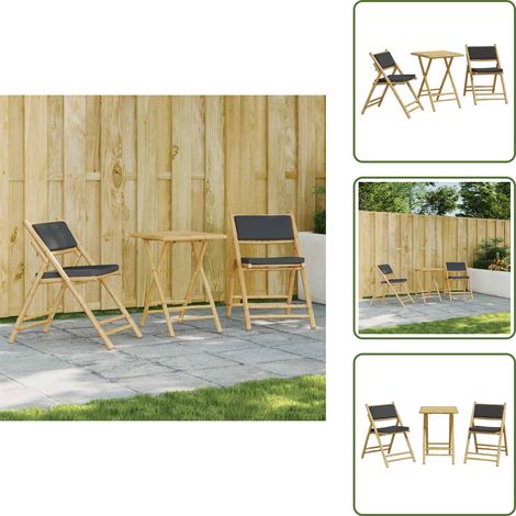 The Living Store Ensemble de bistro pliante 3 pcs et coussins gris foncé bambou - Meubles De Jardin - Salon De Jardin - Mobilier Extérieur - Set De Bistro - Ensemble De Table Et Chaises (1/5)