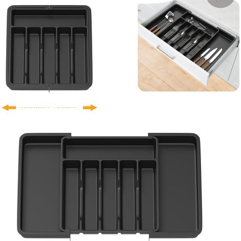 Boîte de rangement pour tiroir de vaisselle, boîte de rangement extensible pour tiroir de cuisine, plateau avec 6-8 compartiments, argenterie réglable et porte-couteau et fourchette, adapté aux cuillè