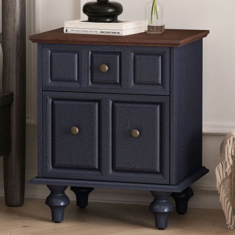 Table de chevet vintage avec 2 tiroirs et pieds en colonne romaine, en bois, bleu foncé