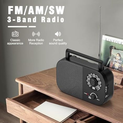 Radio Portable AM,FM,SW,FM Poste Radio Portable,Alimentée Secteur et la Batterie pour Une Réception,Haut-Parleur Intégré et Prise Casque Une Utilisation à la Maison/Extérieur/Camping/Urgence(Noir) (1/4)