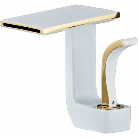 Robinet Lavabo Cascade - Finition Blanc Or - Robinet Mélangeur Chaude Froide à Levier Unique - Cartouche Céramique - Pour Lavabo Salle De Bain - 1 Pièce