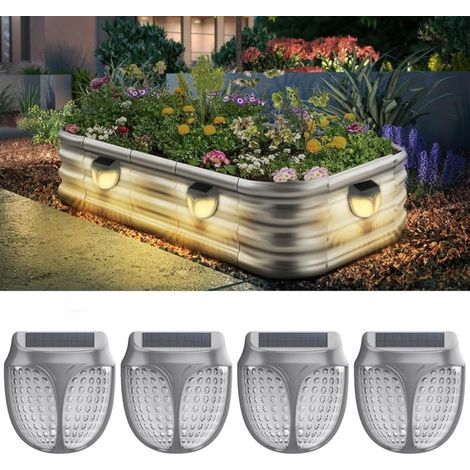 Paquete de 4 luces solares elevadas para jardín con clasificación IPX4 a prueba de agua, luces para macetas con sensor crepuscular. (1/3)