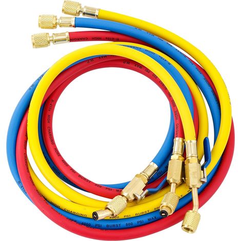 Tuyau de recharge R410A de 1,5 m, kit de tuyaux pour manifold AC, manifold 22985 Plus II avec vanne à bille compacte 1/4 SAE, tuyau de réfrigérant sous vide à 4 couches, pression de service 800 PSI (1 (1/5)